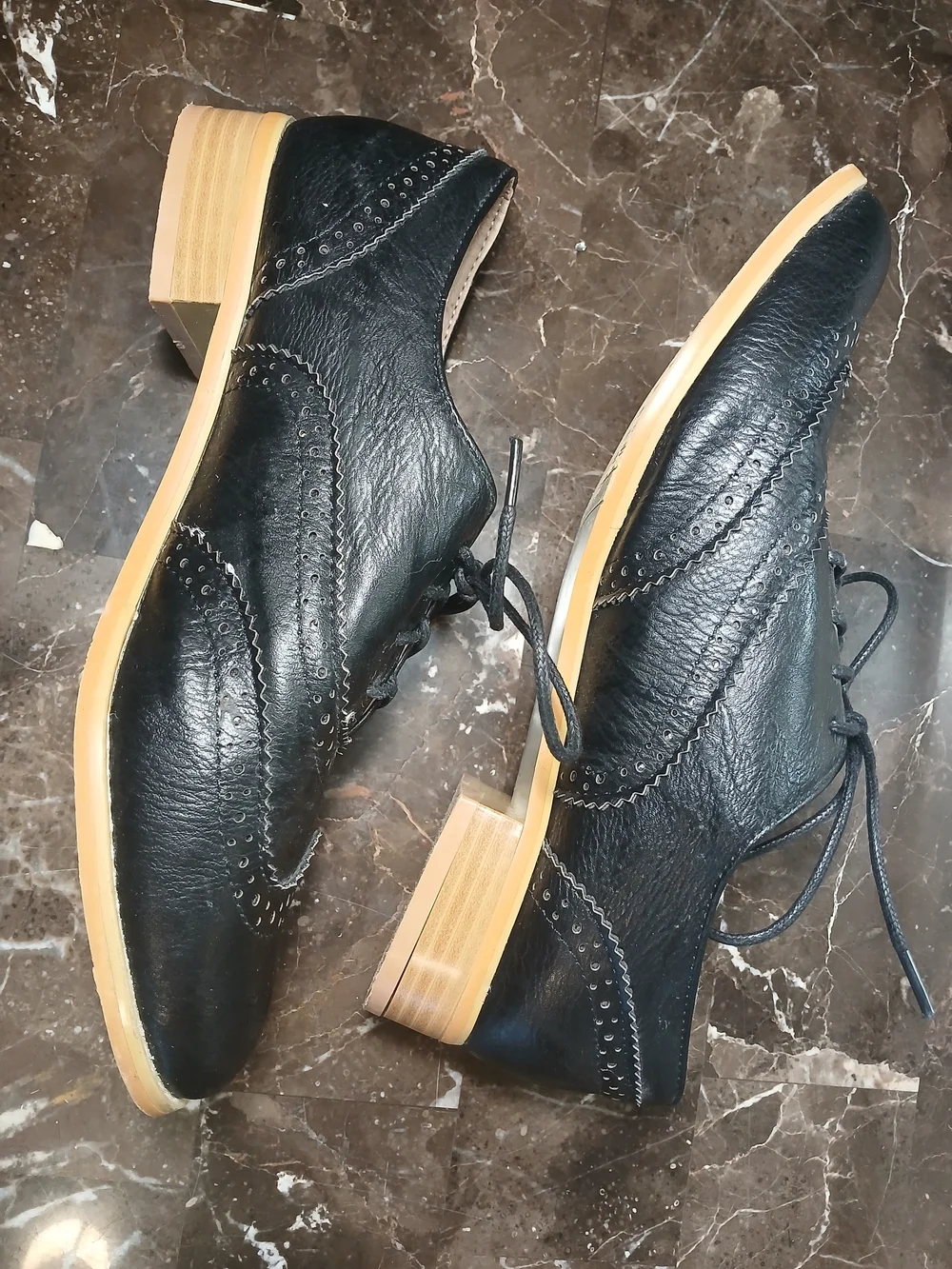 Black Leather Wingtip Lace-Up Oxfords